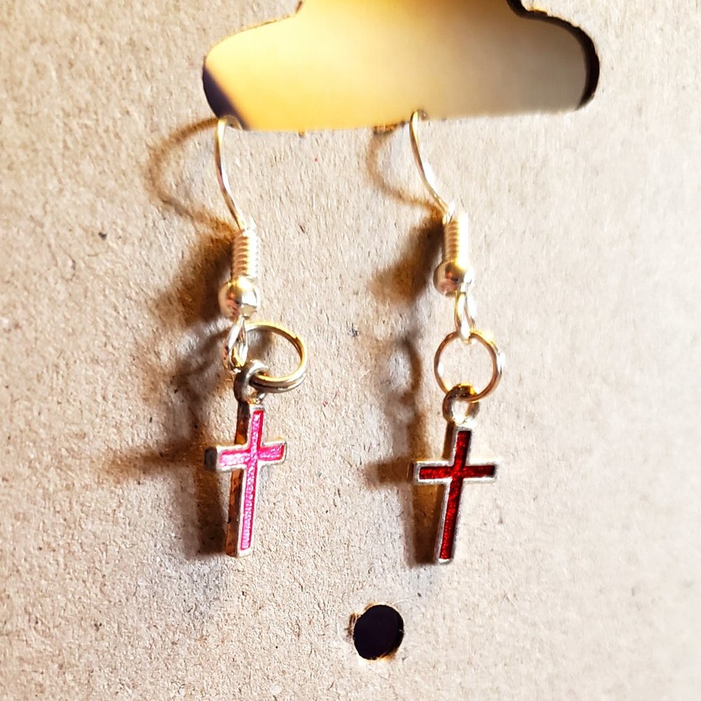 Silver Tone Hook Red and Pink Cross Dangle Earrings Tony Alexander Jewelry NWT
